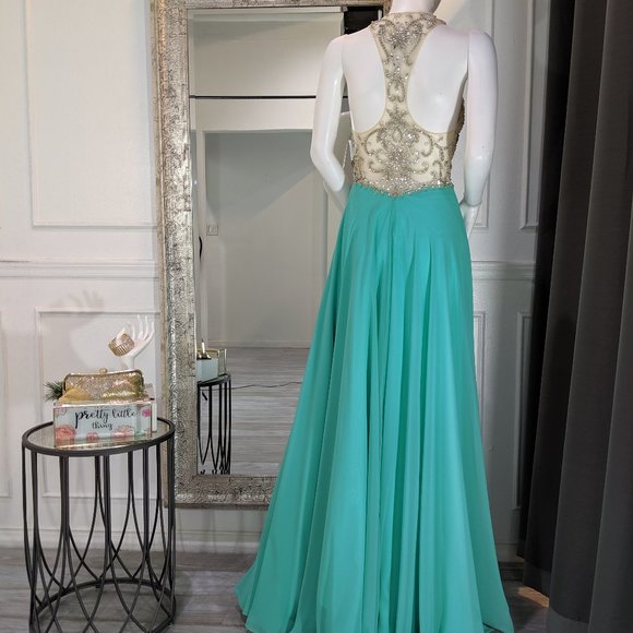 Aqua Jade Beaded Formal Evening Prom Dress - Picture 2 of 2